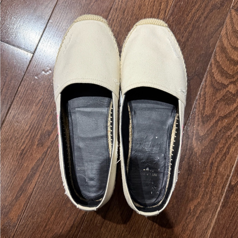 SAINT LAURENT EMBROIDERED ESPADRILLES IN CANVAS, NATURAL BEIGE, SIZE 37